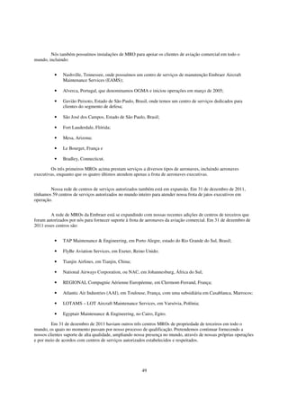 Nós também possuímos instalações de MRO para apoiar os clientes de aviação comercial em todo o
mundo, incluindo:


          •   Nashville, Tennessee, onde possuímos um centro de serviços de manutenção Embraer Aircraft
              Maintenance Services (EAMS);

          •   Alverca, Portugal, que denominamos OGMA e iniciou operações em março de 2005;

          •   Gavião Peixoto, Estado de São Paulo, Brasil, onde temos um centro de serviços dedicados para
              clientes do segmento de defesa;

          •   São José dos Campos, Estado de São Paulo, Brasil;

          •   Fort Lauderdale, Flórida;

          •   Mesa, Arizona;

          •   Le Bourget, França e

          •   Bradley, Connecticut.

        Os três primeiros MROs acima prestam serviços a diversos tipos de aeronaves, incluindo aeronaves
executivas, enquanto que os quatro últimos atendem apenas a frota de aeronaves executivas.


        Nossa rede de centros de serviços autorizados também está em expansão. Em 31 de dezembro de 2011,
tínhamos 59 centros de serviços autorizados no mundo inteiro para atender nossa frota de jatos executivos em
operação.


        A rede de MROs da Embraer está se expandindo com nossas recentes adições de centros de terceiros que
foram autorizados por nós para fornecer suporte à frota de aeronaves da aviação comercial. Em 31 de dezembro de
2011 esses centros são:


          •   TAP Maintenance & Engineering, em Porto Alegre, estado do Rio Grande do Sul, Brasil;

          •   FlyBe Aviation Services, em Exeter, Reino Unido;

          •   Tianjin Airlines, em Tianjin, China;

          •   National Airways Corporation, ou NAC, em Johannesburg, África do Sul;

          •   REGIONAL Compagnie Aérienne Européenne, em Clermont-Ferrand, França;

          •   Atlantic Air Industries (AAI), em Toulouse, França, com uma subsidiária em Casablanca, Marrocos;

          •   LOTAMS – LOT Aircraft Maintenance Services, em Varsóvia, Polônia;

          •   Egyptair Maintenance & Engineering, no Cairo, Egito.

         Em 31 de dezembro de 2011 haviam outros três centros MROs de propriedade de terceiros em todo o
mundo, os quais no momento passam por nosso processo de qualificação. Pretendemos continuar fornecendo a
nossos clientes suporte de alta qualidade, ampliando nossa presença no mundo, através de nossas próprias operações
e por meio de acordos com centros de serviços autorizados estabelecidos e respeitados.




                                                        49
 