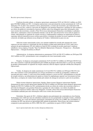 Receitas operacionais (despesas)


          Conforme discutido adiante, as despesas operacionais aumentaram 55,9% de US$ 634,3 milhões em 2010
para US$ 988,9 milhões em 2011. As despesas operacionais como percentual das receitas aumentaram de 11,8% em
2010 para 17% em 2011. Esse aumento se deve, primariamente, a eventos não recorrentes, que totalizaram US$
317,5 milhões em 2011, relativos a provisões de obrigações com garantias financeiras e garantias de valor residual, e
aos efeitos do pedido de concordata da American Airlines sobre essas obrigações (para mais informações sobre
esses eventos não recorrentes, consulte a Nota 38 de nossas demonstrações financeiras consolidadas e auditadas).
Além disso, continuamos a fazer investimentos durante o ano de 2011 para desenvolver nossa rede de suporte ao
cliente, especialmente no segmento de aviação executiva e implementamos mudanças na organização de defesa e
segurança, além de intensificar nossos esforços para definir a estratégia de produto em nosso segmento de aviação
comercial, atividades que afetaram nossas despesas de Vendas e Administrativas para esse ano.


          Além dos eventos mencionados acima, esse aumento também foi causado pelo aumento dos custos
expressos em reais relativos à valorização do real em relação ao dólar norte-americano de 12,6%, junto com o
aumento de aproximadamente 10% dos salários no final de 2010, resultado do acordo anual entre o sindicato
trabalhista e nossa empresa. Consulte “Item 5A. Relatório Operacional e Financeiro - Perspectivas — Resultados
Operacionais — Situação Econômica no Brasil”.


        Administrativas. As despesas administrativas aumentaram 32,9% de US$ 197,5 milhões em 2010 para US$
262,5 milhões em 2011, primariamente como consequência dos itens mencionados acima.


        Pesquisa. As despesas com pesquisa aumentaram 18,3% de US$ 72,1 milhões em 2010 para US$ 85,3 em
2011. Esse aumento é explicado principalmente pelo trabalho de pesquisa adicional relativo a serviços de estratégia
de produto, primariamente no segmento de aviação comercial, além do impacto explicado sob Receitas (Despesas)
Operacionais.


         Vendas. As despesas de vendas aumentaram 12,1% de US$ 374,1 milhões em 2010 para US$ 419,3 em
2011. Esse aumento se deve principalmente aos esforços da Embraer no sentido de acompanhar a melhoria do
mercado para gerar vendas, e, como nossa frota mundial continuou a crescer em 2011, principalmente no mercado
de aviação executiva, sua infraestrutura de suporte ao cliente foi ampliada para suportar esse crescimento da frota.
Além disso, as despesas de vendas foram afetadas pelo número de entregas de aeronaves e pelo mix de produtos.


         Outras receitas (despesas) operacionais, líquidas. Outras receitas (despesas) operacionais líquidas
diminuíram de outras receitas operacionais líquidas de US$ 9,4 milhões em 2010 para outras despesas operacionais
líquidas de US$ 221,5 milhões em 2011, primariamente devido aos efeitos de eventos não recorrentes relativos a
provisões de obrigações com garantias financeiras e garantias de valor residual, e aos efeitos do pedido de
concordata da American Airlines sobre essas obrigações. Consulte a Nota 38 de nossas demonstrações financeiras
consolidadas auditadas para mais informações sobre esses eventos não recorrentes.


         Patrimônio. Em agosto de 2011, a Embraer adquiriu uma participação não controladora na Aero Seating
Technologies LLC (AST) por meio da subsidiária totalmente de nossa propriedade nos Estados Unidos, a Embraer
Aircraft Holding, Inc. Como não detemos participação controladora de acordo com as IFRS, não consolidamos os
resultados da AST, mas devem ser apresentados pelo método do patrimônio. Dessa forma, não existem números
comparativos para patrimônio em 2010 e 2009. Em 2011, o patrimônio era igual a US$ 0,3 milhões.


         Lucro operacional antes das receitas (despesas) financeiras




                                                          76
 