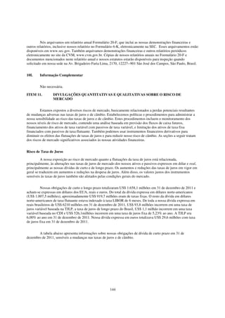 Nós arquivamos um relatório anual Formulário 20-F, que inclui as nossas demonstrações financeiras e
outros relatórios, inclusive nossos relatório no Formulário 6-K, eletronicamente na SEC. Esses arquivamentos estão
disponíveis em www.sec.gov. Também arquivamos demonstrações financeiras e outros relatórios periódicos
eletronicamente no site da CVM, www.cvm.gov.br. Cópias de nossos relatórios anuais no Formulário 20-F e
documentos mencionados neste relatório anual e nossos estatutos estarão disponíveis para inspeção quando
solicitado em nossa sede na Av. Brigadeiro Faria Lima, 2170, 12227--901 São José dos Campos, São Paulo, Brasil.


10I.     Informação Complementar


         Não necessária.

ITEM 11.          DIVULGAÇÕES QUANTITATIVAS E QUALITATIVAS SOBRE O RISCO DE
                  MERCADO


         Estamos expostos a diversos riscos de mercado, basicamente relacionados a perdas potenciais resultantes
de mudanças adversas nas taxas de juros e de câmbio. Estabelecemos políticas e procedimentos para administrar a
nossa sensibilidade ao risco das taxas de juros e de câmbio. Estes procedimentos incluem o monitoramento dos
nossos níveis de risco de mercado, contendo uma análise baseada em previsão dos fluxos de caixa futuros,
financiamento dos ativos de taxa variável com passivos de taxa variável, e limitação dos ativos de taxa fixa
financiados com passivos de taxa flutuante. Também podemos usar instrumentos financeiros derivativos para
diminuir os efeitos das flutuações de taxas de juros e para reduzir nosso risco de câmbio. As seções a seguir tratam
dos riscos de mercado significativos associados às nossas atividades financeiras.


Risco de Taxa de Juros

          A nossa exposição ao risco de mercado quanto a flutuações da taxa de juros está relacionada,
principalmente, às alterações nas taxas de juros de mercado dos nossos ativos e passivos expressos em dólar e real,
principalmente as nossas dívidas de curto e de longo prazo. Os aumentos e reduções das taxas de juros em vigor em
geral se traduzem em aumentos e reduções na despesa de juros. Além disso, os valores justos dos instrumentos
sensíveis às taxas de juros também são afetados pelas condições gerais do mercado.


         Nossas obrigações de curto e longo prazo totalizaram US$ 1.658,1 milhões em 31 de dezembro de 2011 e
acham-se expressas em dólares dos EUA, reais e euros. Do total da dívida expressa em dólares norte-americanos
(US$ 1.007,5 milhões), aproximadamente US$ 919,7 milhões eram de taxas fixas. O resto da dívida em dólares
norte-americanos de taxa flutuante estava indexado à taxa LIBOR de 6 meses. De toda a nossa dívida expressa em
reais brasileiros de US$ 6210 milhões em 31 de dezembro de 2011, US$ 93,8 milhões incorrem em uma taxa de
juros variável baseada na TJLP, a taxa de juros de longo prazo do Brasil, US$ 1,1 milhão incorrem em uma taxa
variável baseada no CDI e US$ 526,1milhões incorrem em uma taxa de juros fixa de 5,23% ao ano. A TJLP era
6,00% ao ano em 31 de dezembro de 2011. Nossa dívida expressa em euros totalizava US$ 29,6 milhões com taxa
de juros fixa em 31 de dezembro de 2011.


       A tabela abaixo apresenta informações sobre nossas obrigações de dívida de curto prazo em 31 de
dezembro de 2011, sensíveis a mudanças nas taxas de juros e de câmbio.




                                                         144
 