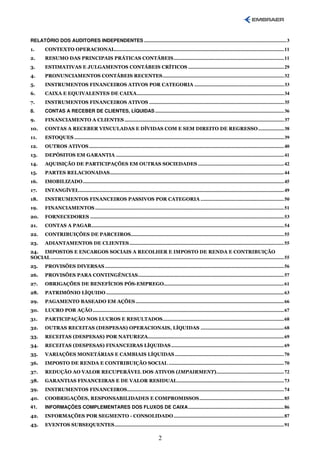 RELATÓRIO DOS AUDITORES INDEPENDENTES .................................................................................................................... 3
1.         CONTEXTO OPERACIONAL.......................................................................................................................................... 11
2.         RESUMO DAS PRINCIPAIS PRÁTICAS CONTÁBEIS.......................................................................................... 11
3.         ESTIMATIVAS E JULGAMENTOS CONTÁBEIS CRÍTICOS .............................................................................. 29
4.         PRONUNCIAMENTOS CONTÁBEIS RECENTES................................................................................................... 32
5.         INSTRUMENTOS FINANCEIROS ATIVOS POR CATEGORIA ......................................................................... 33
6.         CAIXA E EQUIVALENTES DE CAIXA........................................................................................................................ 34
7.         INSTRUMENTOS FINANCEIROS ATIVOS .............................................................................................................. 35
8.         CONTAS A RECEBER DE CLIENTES, LÍQUIDAS ......................................................................................................... 36
9.         FINANCIAMENTO A CLIENTES .................................................................................................................................. 37
10.        CONTAS A RECEBER VINCULADAS E DÍVIDAS COM E SEM DIREITO DE REGRESSO ..................... 38
11.        ESTOQUES ........................................................................................................................................................................... 39
12.        OUTROS ATIVOS ............................................................................................................................................................... 40
13.        DEPÓSITOS EM GARANTIA ......................................................................................................................................... 41
14.        AQUISIÇÃO DE PARTICIPAÇÕES EM OUTRAS SOCIEDADES ...................................................................... 42
15.        PARTES RELACIONADAS.............................................................................................................................................. 44
16.        IMOBILIZADO.................................................................................................................................................................... 45
17.        INTANGÍVEL....................................................................................................................................................................... 49
18.        INSTRUMENTOS FINANCEIROS PASSIVOS POR CATEGORIA .................................................................... 50
19.        FINANCIAMENTOS .......................................................................................................................................................... 51
20.        FORNECEDORES .............................................................................................................................................................. 53
21.        CONTAS A PAGAR............................................................................................................................................................. 54
22.        CONTRIBUIÇÕES DE PARCEIROS............................................................................................................................. 55
23.        ADIANTAMENTOS DE CLIENTES .............................................................................................................................. 55
24. IMPOSTOS E ENCARGOS SOCIAIS A RECOLHER E IMPOSTO DE RENDA E CONTRIBUIÇÃO
SOCIAL .............................................................................................................................................................................................. 55
25.        PROVISÕES DIVERSAS .................................................................................................................................................. 56
26.        PROVISÕES PARA CONTINGÊNCIAS....................................................................................................................... 57
27.        OBRIGAÇÕES DE BENEFÍCIOS PÓS-EMPREGO.................................................................................................. 61
28.        PATRIMÔNIO LÍQUIDO ................................................................................................................................................. 63
29.        PAGAMENTO BASEADO EM AÇÕES ......................................................................................................................... 66
30.        LUCRO POR AÇÃO ............................................................................................................................................................ 67
31.        PARTICIPAÇÃO NOS LUCROS E RESULTADOS................................................................................................... 68
32.        OUTRAS RECEITAS (DESPESAS) OPERACIONAIS, LÍQUIDAS .................................................................... 68
33.        RECEITAS (DESPESAS) POR NATUREZA............................................................................................................... 69
34.        RECEITAS (DESPESAS) FINANCEIRAS LÍQUIDAS ............................................................................................ 69
35.        VARIAÇÕES MONETÁRIAS E CAMBIAIS LÍQUIDAS ......................................................................................... 70
36.        IMPOSTO DE RENDA E CONTRIBUIÇÃO SOCIAL .............................................................................................. 70
37.        REDUÇÃO AO VALOR RECUPERÁVEL DOS ATIVOS (IMPAIRMENT)....................................................... 72
38.        GARANTIAS FINANCEIRAS E DE VALOR RESIDUAL ....................................................................................... 73
39.        INSTRUMENTOS FINANCEIROS................................................................................................................................ 74
40.        COOBRIGAÇÕES, RESPONSABILIDADES E COMPROMISSOS..................................................................... 85
41.        INFORMAÇÕES COMPLEMENTARES DOS FLUXOS DE CAIXA .............................................................................. 86
42.        INFORMAÇÕES POR SEGMENTO - CONSOLIDADO .......................................................................................... 87
43.        EVENTOS SUBSEQUENTES.......................................................................................................................................... 91

                                                                                                  2
 