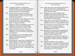 892. Los países tropicales son felizmente
subdesarrollados. La naturaleza les da todo a
la mano. Se necesita pasar frío, hambre y
guerra, para prevenir y desarrollarse.
893. Cuando volvemos al lugar de nuestra
juventud, somos turistas en nuestra propia
tierra queriendo encontrar el ayer. Y, como
nosotros, ha cambiado.
894. Si vamos dejando de lado todas las cosas que
en la vida nos hacen sufrir, llegará el
momento que ya no sentiremos ningún
dolor... ni ninguna felicidad.
895. Cuando te rebatan, afirmándote un error con
suficiencia, no pierdas el tiempo dando
explicaciones; el tiempo te dará la razón.
896. Tener un problema es como caer en un
pantano. Si nos revolvemos en él, más nos
enlodamos. La única solución es salir pronto
y con limpieza.
897. Nos afanamos por una vida efímera. Hubo
una eternidad antes que apareciésemos, y
habrá una eternidad luego que
desaparezcamos.
898. Quien diga que siempre fue y será igual, no es
un ser humano, es una piedra; y hasta las
piedras cambian de forma con el tiempo.
899. Ya sea para bien o para mal, con alegría o con
tristeza, para triunfos o para fracasos, para
vivir se necesita una vida... y para morir, sólo
un instante.
900. Nada como que la emoción de empezar algo.
Luego se podrá tener la satisfacción de
terminarlo o no, pero jamás el final superará
aquel momento inicial.
901. Si dejamos que las inmundicias de la
sociedad, se acumulen sin hacer el drenaje
oportuno, llegará el momento en que
reviente la letrina. Entonces los excrementos
nos cubrirán a todos por igual.
902. Calor y frío. Luz y oscuridad. Para valorar
cualquier cosa, debe existir lo contrario. Si no
existiese la muerte, no apreciaríamos la vida.
903. Si no conocemos, aunque sea de vista, a cada
uno de nuestros vecinos cercanos o
distantes... ya es demasiado grande la
comunidad donde vivimos.
904. Esta época ha pisoteado todo romanticismo.
Hasta la luna, inspiración de enamorados y
poetas, ha perdido su pureza ideal. Los
hombres ya han pasado por ella.
905. Los sentimientos verdaderos son como los
perros fieles. Podemos echarlos, maltratarlos,
abandonarlos, dejarlos lejos; pero, siempre
vuelven.
906. Cuando recordamos nuestra niñez y
juventud, parece que fueron vividas por unos
seres distintos y extraños a lo que hoy somos.
907. Nunca sabré quien fue más acertado, el que
se fue para ver que había tras el cerro, o el
que quedó para ver lo que pasaba..
ENTRE NOSOTROS
Diap 125
REFLEXIONES DE HUMGRAND PENN DE JOC
FRASESFRASES
REFLEXIONES DE HUMGRAND PENN DE JOC
ENTRE NOSOTROS
 