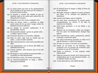 Diap 13
FRASESFRASES
132. La única tierra que hay en los apartamentos
de la ciudad es la que entra por la ventana. Y
la barren todos los días.
133. Lo grande y terrible del orgullo es que no
necesita nada ni de nadie para sobrevivir. Se
alimenta de sí mismo.
134. Trabajar es un vicio como cualquier otro.
135. Para ser héroe, santo, o perfecto, se debe
morir antes de los 45 años. Luego, todos los
hombres tenemos defectos.
136. Lo simple no necesita explicación. Y lo
inexplicable, menos.
137. El murmullo ofende a quien no puede oírlo...
y rebaja a quien lo hace.
138. Si quieres destruir a un hombre, elógialo.
139. Para un niño, sabe más su madre que un
sabio... y para el sabio también.
140. Más cosas poseemos, más somos poseídos por
ellas.
141. Los sentimientos son la fuerza del débil y la
debilidad del fuerte.
142. Cuesta cambiar. Aún decimos que el sol sale
por el este.
143. El tiempo es una unidad inconmensurable... y
el alcohol un reloj desquiciado.
144. El individuo razona, las masas reaccionan.
145. La internacionalización es larga y difícil...
hasta para escribirla.
146. El alcohol frena la lengua y afloja el freno de
lo que decimos.
147. Recordar siempre a alguien es amor; siempre
sus ideas, es fe; siempre sus palabras, es
fanatismo.
148. Cuanto más hagas, más te exigirán.
149. De cada frase escuchamos la cuarta parte,
comprendemos un octavo. Y de éste, la
mayoría son bobadas.
150. Todo buen perdedor, o es un idiota o un
hipócrita.
151. Después de un banquete, todos son amigos.
Por eso entre los hambrientos siempre hay
peleas.
152. Qué coincidencia: patria, patrimonio, patrón
y patraña, comienzan igual.
153. Los niños lustrabotas guardan su niñez en la
caja de betunes, y todos se la pisan.
154. El amor no mueve al mundo, es la gasolina.
155. Desde un sol hasta un ser humano, todo
comienza con un proceso de evolución para
terminar en uno de involución.
156. Nadie es perfecto... si dos mujeres están
chismeando.
157. Llega un momento donde, de lo único que nos
arrepentimos por lo que hayamos hecho... es
no haberlo hecho aún más.
158. A más alternativas, más difícil decidir.
LAS MIL Y UNA CARIGIADAS O CARAJEADASLAS MIL Y UNA CARIGIADAS O CARAJEADAS
 