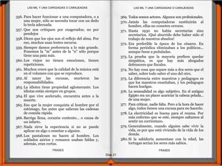Diap 21
FRASESFRASES
356. Para hacer funcionar a una computadora, o a
una mujer, sólo se necesita tocar con un dedo
la tecla adecuada.
357. Que nos critiquen por exagerados; no por
pendejos
358. Dicen que los ojos son el reflejo del alma. Por
eso, muchos usan lentes oscuros.
359. Siempre damos preferencia a lo más grande.
Ponemos la "m" antes de la "n" sólo porque
tiene una pata más.
360.Los viejos no tienen emociones, tienen
repeticiones.
361. Muchos creen que la calidad de la música está
en el volumen con que se reproduce.
362. Al nacer las excusas, murieron las
responsabilidades.
363. La idiotez tiene propiedad aglomerante. Los
idiotas están siempre en grupos.
364. El que vive acelerado, encuentra antes a la
muerte.
365. Eso que la mujer conquista al hombre por el
estómago, fue antes que salieran las cadenas
de comida rápida.
366. Barriga llena, corazón contento... o causa de
un infarto.
367. Nada sirve la experiencia si no se puede
aplicar en algo o enseñar a alguien.
368.Los pantalones no hacen al hombre. Los
soldados asirios y romanos usaban faldas y,
además, eran cortas.
369. Todos somos actores. Algunos son profesionales.
370. Jamás las computadoras sustituirán al
hombre, ellas no cometen errores.
371. Hasta 1930 no había secretarias sino
secretarios. ¡Qué aburrido debe haber sido el
trabajo de nuestros abuelos!
372. Era preferible la época de los césares. En
forma periódica eliminaban a los políticos...
aunque fuese a puñaladas.
373. La prueba que la mayoría prefiere quedar
simpática, es que hay más abogados
defensores que fiscales.
374. No hay cosa que separe más a dos seres que el
saber, sobre todo saber el uno del otro.
375. La diferencia entre maestros y pedagogos es
que los maestros enseñaban, y los pedagogos
hacen huelgas.
376. La sensualidad es algo subjetivo. En el antiguo
Egipto era un placer acariciar la cabeza pelada...
de una mujer.
377. Para criticar, nadie falta. Pero a la hora de hacer
algo, todos tienen una excusa para no hacerlo.
378. La electricidad es buena para el reuma. Por
más enfermo que se esté, siempre saltamos al
sentir un corrientazo.
379. Generalmente, cuando alguien sabe vivir la
vida, es por que está viviendo de la vida de los
demás.
380.Si la sabiduría aumentase con la edad, las
tortugas serían los seres más sabios.
LAS MIL Y UNA CARIGIADAS O CARAJEADASLAS MIL Y UNA CARIGIADAS O CARAJEADAS
 