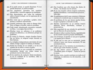 Diap 25
FRASESFRASES
455. Si se pudo armar, se puede desarmar. Y si se
puede desarmar, se podrá arreglar.
456. Los mecánicos aprenden con nuestros
automóviles, y nosotros pagamos su enseñanza.
457. Hay desocupados que todas las mañanas
salen a buscar trabajo, con la esperanza de no
encontrarlo.
458. Hay cosas que se aprenden a golpes, como
boxear y conducir automóviles.
459. Cuando comienzas algo, todos te desean éxito.
Pero, si llegas a triunfar, todos te envidian.
460.Toda mujer abandonada encuentra consuelo
en Dios... o en algún hijo de Dios.
461. Muchas veces no sabemos si no podemos
porque no debemos, o no debemos porque no
podemos.
462. Si vemos la historia, ningún hombre bueno
fue un héroe, ni ninguna mujer decente se
hizo famosa.
463. La verdadera independencia está dentro de uno
mismo. Si algo o alguien te lastima, te domina.
464. Suelta las riendas de un caballo, y se irá a la
sombra de un árbol a comer el pasto.
465. El matrimonio es una sociedad en constante
renovación, donde con viejos temas se
producen nuevas discusiones.
466. Si los mártires de cualquier ideal resucitasen,
al ver la realidad de su sacrificio, ellos se
volverían a enterrar
467. Hay hombres que sólo tienen dos dedos de
frente... los demás son de calvicie.
468.Si en una reunión sobran mujeres excitantes,
bebidas alcohólicas y conversaciones procaces...
falta algo.
469. Si analizáramos todo lo que comemos y bebemos,
veríamos lo resistente que es nuestro cuerpo.
470. El problema de los que tienen mucha frente,
es que se golpean a menudo en ella.
471. Muchos automóviles en su asiento trasero
deberían llevar almohadas, cortinas y...
preservativos.
472. Más seguridad da una mirada de aprobación
que un discurso de presentación.
473. Envejecer reduce nuestras fuerzas, especialmente
las de resistir nuestras propias debilidades.
474. Con el tiempo, la familia se une por el apellido
y se separa por el dinero.
475. El jefe que se casa con su secretaria, jamás
volverá a tener una buena secretaria. Ni una
secretaria buena.
476. Todo lo que es vivo termina en excremento, y
todo lo que existe finaliza en polvo.
477. No hay letrero menos respetado que el:
"Prohibido pisar el césped"... hasta los perros
lo mean.
478. Muchas veces, cuando sentimos un nudo en el
estómago, no sabemos si es de emoción... o de
indigestión.
LAS MIL Y UNA CARIGIADAS O CARAJEADASLAS MIL Y UNA CARIGIADAS O CARAJEADAS
 