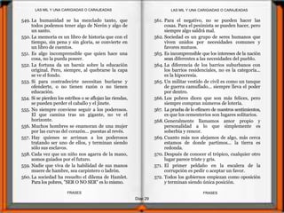 Diap 29
FRASESFRASES
549. La humanidad se ha mezclado tanto, que
todos podemos tener algo de Nerón y algo de
un santo.
550. La memoria es un libro de historia que con el
tiempo, sin pena y sin gloria, se convierte en
un libro de cuentos.
551. Es algo incomprensible que quien hace una
cosa, no la pueda poseer.
552. La fortuna da un barniz sobre la educación
original. Pero, siempre, al quebrarse la capa
se ve el fondo.
553. Si para contradecirte necesitan burlarse y
ofenderte, o no tienen razón o no tienen
educación.
554. Si se pierden los estribos o se aflojan las riendas,
se pueden perder el caballo y el jinete.
555. No siempre conviene seguir a los poderosos.
El que camina tras un gigante, no ve el
horizonte.
556. Muchos hombres se enamoran de una mujer
por las curvas del corazón... puestas al revés.
557. Hay quienes se arriman a los poderosos
tratando ser uno de ellos, y terminan siendo
sólo sus esclavos.
558. Cada vez que un niño nos agarra de la mano,
somos guiados por el futuro.
559. Nadie que viva de la habilidad de sus manos
muere de hambre, sea carpintero o ladrón.
560. La sociedad ha resuelto el dilema de Hamlet.
Para los pobres, "SER O NO SER" es lo mismo.
561. Para el negativo, no se pueden hacer las
cosas. Para el pesimista se pueden hacer, pero
siempre algo saldrá mal.
562. Sociedad es un grupo de seres humanos que
viven unidos por necesidades comunes y
favores mutuos.
563. Es incomprensible que los intereses de la nación
sean diferentes a las necesidades del pueblo.
564. La diferencia de los barrios suburbanos con
los barrios residenciales, no es la categoría...
es la hipocresía.
565. Un militar vestido de civil es como un tanque
de guerra camuflado... siempre lleva el poder
por dentro.
566. Los pobres dicen que son más felices, pero
siempre compran números de lotería.
567. La prueba de lo efímero de nuestros sentimientos,
es que los cementerios son lugares solitarios.
568. Generalmente llamamos amor propio y
personalidad a lo que simplemente es
soberbia y rencor.
569. Cuanto más nos alejamos de algo, más cerca
estamos de donde partimos... la tierra es
redonda.
570. Después de conocer el trópico, cualquier otro
lugar parece triste y gris.
571. El primer peldaño en la escalera de la
corrupción es pedir o aceptar un favor.
572. Todos los gobiernos empiezan como oposición
y terminan siendo única posición.
LAS MIL Y UNA CARIGIADAS O CARAJEADASLAS MIL Y UNA CARIGIADAS O CARAJEADAS
 