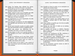 Diap 44
FRASESFRASES
901. Antes, las bestias iban delante los carros.
Desde que se inventó el motor, van dentro
902. Si quieres desunir una pandilla de delincuentes,
haz que se peleen entre ellos.
903. Mujer, nunca te cases con un hombre que sabe
arreglar todo, nunca tendrás nada nuevo.
904.Quizás el amor sea estúpido, pero no ciego.
¡Hay que ver cómo miramos!.
905. La experiencia no es tan importante. Es sólo
saber lo que ya es viejo.
906. Las cosas que recordamos con más satisfacción
son aquellas que pensamos que no debíamos
hacer.
907. El rico que recuerda cuando era pobre, jamás
dice que protestaba cuando le pagaban poco.
908.Dicen que pensar nos diferencia de los
animales. Por tanto, no hacerlo nos iguala.
909.Si una mujer se viste con la puerta cerrada, o
hay extraños en la casa o está peleada con el
marido.
910. El que se conforma con lo que tiene, nunca
tendrá más... nunca más cosas; pero sí, más paz.
911. Si quieres saber cuanto gana no mires su
sueldo, mira dentro de su casa.
912. Los ríos nacen en las nubes y van a morir al
mar. Y en el mar nacen las nubes, que los ríos
van a formar.
913. Cuando se tiene la razón, no es necesario un
informe de muchas hojas.
914. Trabaja y vive de tal manera que, en cualquier
momento, puedas vivir sin tener que trabajar
915. Cuando jóvenes, cada día es un día más. Al
envejecer, cada día es un día menos.
916. El hombre que mantiene a sus padres y a sus
hijos, o es muy bueno o muy rico.
917. No existe el pintor que pueda poner en un
cuadro un paisaje igual al visto desde una
ventana.
918. Clase media es aquella que vive de un sueldo
que nunca le alcanza.
919. Quizás sea más feliz el indio en su curiara,
que el rico en su yate.
920.La medida del tiempo es relativa. Enorme
para el que espera, y muy poco para el que
tiene que llegar.
921. Cuando nos cambiamos de fila, comienza a
avanzar más rápido la que dejamos.
922. Los regímenes para adelgazar sirven para
aumentar el capital de sus inventores.
923. Era un empleado tan bueno, tan bueno, que
lo querían en cualquier organización... menos
en la propia.
924. En los restoranes oscuros nunca se sabe lo
que viene en la comida.
LAS MIL Y UNA CARIGIADAS O CARAJEADASLAS MIL Y UNA CARIGIADAS O CARAJEADAS
 