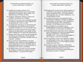 72. Cuando los europeos critican a los
sudamericanos diciendo que son atrasados,
ignorantes y haraganes; tienen razón... los
sudamericanos son hijos de ellos.
73. Uruguay, Argentina y Brasil, se unen en la
frontera y se separan por el fútbol.
74. Perú fue con los incas una civilización grande
en cultura y organización social. Llegaron los
conquistadores, y todo se acabó.
75. Los habitantes aborígenes de Venezuela eran
los indios pero, por muchos años no se les
consideró ciudadanos ni se les permitió votar.
76. Bolivia es la triste evidencia de como el gran
sueño de un Libertador es convertido en una
pobre realidad por los siguientes gobernantes.
77. Buenos Aires tiene una barrera de energía que
transforma sus habitantes. Dentro ella son
seres simpáticos, serviciales, sencillos. Pero, al
cruzarla... cambian.
78.En los naciones desarrolladas, la vía para
adelantar a otro vehículo en las autopistas, es
por la izquierda, la de más velocidad. En los
países latinoamericanos, es por la derecha, el
hombrillo, la de mayor comodidad.
79. En Méjico dicen que todos son muy machos.
Eso es falso. La mitad son machos y la otra
mitad hembras... y la pasan de lo mejor.
80.Paraguay fue el centro de la cultura guaraní, el
centro de la colonización española, está en el
centro de América latina, es el centro donde
nacen grandes ríos, un centro maderero... y es
un país dejado de lado.
81. Los latinoamericanos han logrado reunir y
practicar tres religiones. Festejan los sábados
como judíos, los domingos como cristianos, y
el resto de la semana como musulmanes
diciendo: ¡Oj Alá llegue pronto el viernes!
82.Los portugueses son gallegos que se
independizaron de la corona española; y que,
si no existieran no habría pan en América.
83.El problema latinoamericano está en nuestras
raíces. Heredamos del indio la mansedumbre,
del negro el fatalismo, y del blanco la
soberbia. Pero... uno nos dio la naturalidad, el
otro el ritmo, y el tercero la picardía.
84.Los argentinos comen como italianos, hablan
un mal español, visten como franceses, tienen
un ejército alemán, y se creen ingleses porque
toman el té a las cinco.
85.Los latinos somos engreídos y obstinados.
Cuando en México colonial pusieron impuesto
al ancho del ala del sombrero, los ricos
charros cada vez la hicieron más grande para
demostrar su poder y rebeldía.
LATINOS, AMERICANOS Y EUROPEOS
Diap 60
REFLEXIONES DE HUMGRAND PENN DE JOC
FRASESFRASES
LATINOS, AMERICANOS Y EUROPEOS
REFLEXIONES DE HUMGRAND PENN DE JOC
 