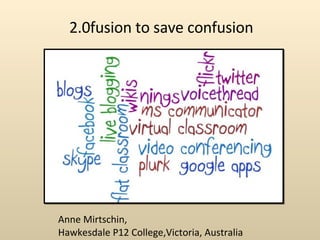 2.0fusion to save confusion Anne Mirtschin,  Hawkesdale P12 College,Victoria, Australia 