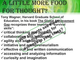 A little more food
for thought?
Tony Wagner, Harvard Graduate School of
  Education, in his book The Global Achievement
  Gap recognizes these important “survival
  skills”:
critical thinking and problem solving
collaboration and leadership
agility and adaptability
initiative and entrepreneurialism
effective oral and written communication
accessing and analyzing information
curiosity and imagination
 