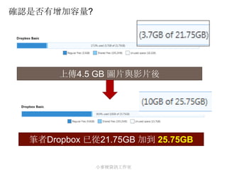 確認是否有增加容量?




       上傳4.5 GB 圖片與影片後




  筆者Dropbox 已從21.75GB 加到 25.75GB

              小麥梗資訊工作室
 