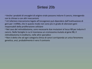 Sintesi 20b Anche i prodotti di oncogèni di origine virale possono indurre il cancro, interagendo con le chinasi o con altri meccanismi Un’ulteriore meccanismo legato all’oncogenesi può dipendere dall’inattivazione di geni per i miRNA, che in questo modo non sono più in grado di silenziare geni responsabili della proliferazione cellulare Nel caso del retinoblastoma, sono necessarie due mutazioni al locus  RB  per indurre il cancro. Nelle famiglie in cui è trasmessa un cromosoma mutato al gene RB, il retinoblastoma è ereditario, nelle altre sporadico Non è detto che ad ogni categoria clinica di cancri corrisponda un unico fenomeno genetico, anzi, probabilmente è vero il contrario 