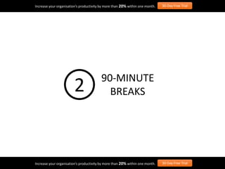 Increase your organisation’s productivity by more than 20% within one month. 30-Day Free Trial
Increase your organisation’s productivity by more than 20% within one month. 30-Day Free Trial
90-MINUTE
BREAKS2
 