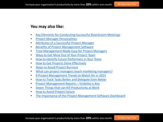 Increase your organisation’s productivity by more than 20% within one month. 30-Day Free Trial
Increase your organisation’s productivity by more than 20% within one month. 30-Day Free Trial
You may also like:
• Key Elements for Conducting Successful Boardroom Meetings
• Project Manager Personalities
• Attributes of a Successful Project Manager
• Benefits of Project Management Software
• Time Management Made Easy for Project Managers
• Ways to Get Most Out of Your Project Team
• How to Identify Future Performers in Your Team
• How to Get Projects Done Effectively
• Steps to Avoid Project Burnout
• What can project managers teach marketing managers?
• 8 Project Management Trends to Watch for in 2015
• How to Track Tasks Better and Delegate Even Better
• Project Management Reports – Visibility is Key
• Seven Things that can Kill Productivity at Work
• How to Avoid Project Failure
• The Importance of the Project Management Software Dashboard
 