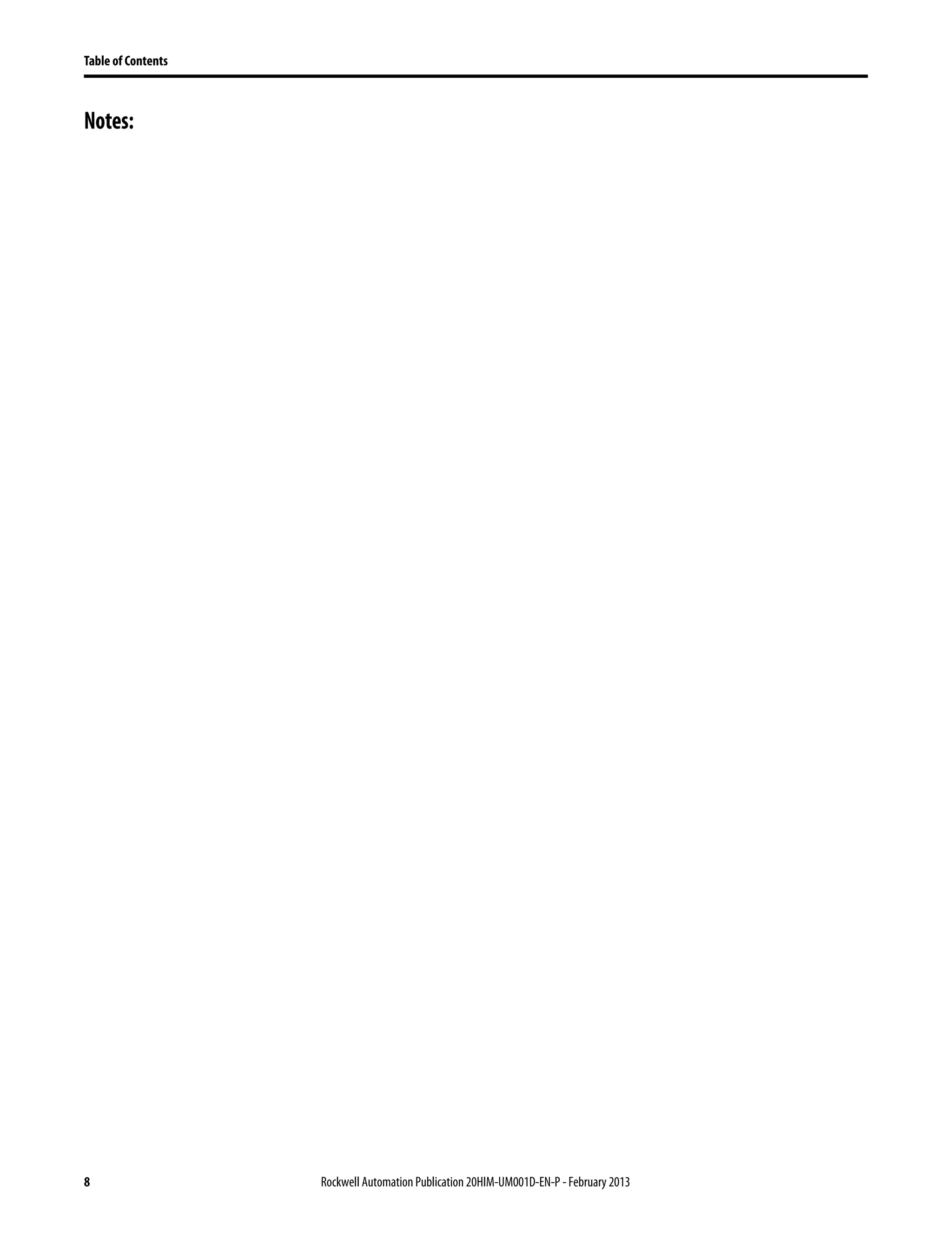 8 Rockwell AutomationPublication 20HIM-UM001D-EN-P - February 2013
Table of Contents
Notes:
 