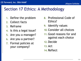 Jillayne Schlicke
CE Forward, Inc. DBA NAMF
Section 17 Ethics: A Methodology
1. Define the problem
2. Collect facts
3. Reframe
4. Is this a legal issue?
5. Are you a manager?
6. Are you a partner?
7. Formal policies at
your company?
119
8. Professional Code of
Ethics?
9. Identify values
10. Consider all choices
11. Good reasons for and
against each choice
12. Decide
13. Act
14. Reflect
 