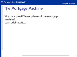 Jillayne Schlicke
CE Forward, Inc. DBA NAMF
The Mortgage Machine
What are the different pieces of the mortgage
machine?
Loan originators...
12
 