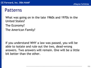 Jillayne Schlicke
CE Forward, Inc. DBA NAMF
Patterns
What was going on in the late 1960s and 1970s in the
United States?
The Economy?
The American Family?
If you understand WHY a law was passed, you will be
able to isolate and rule out the two, dead-wrong
answers. Two answers will remain. One will be a little
bit better than the other.
153
 