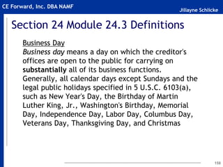 Jillayne Schlicke
CE Forward, Inc. DBA NAMF
Section 24 Module 24.3 Definitions
Business Day
Business day means a day on which the creditor's
offices are open to the public for carrying on
substantially all of its business functions.
Generally, all calendar days except Sundays and the
legal public holidays specified in 5 U.S.C. 6103(a),
such as New Year's Day, the Birthday of Martin
Luther King, Jr., Washington's Birthday, Memorial
Day, Independence Day, Labor Day, Columbus Day,
Veterans Day, Thanksgiving Day, and Christmas
158
 