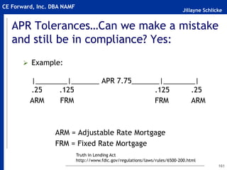 Jillayne Schlicke
CE Forward, Inc. DBA NAMF
161
APR Tolerances…Can we make a mistake
and still be in compliance? Yes:
 Example:
|________|_______ APR 7.75_______|________|
.25 .125 .125 .25
ARM FRM FRM ARM
ARM = Adjustable Rate Mortgage
FRM = Fixed Rate Mortgage
Truth in Lending Act
http://www.fdic.gov/regulations/laws/rules/6500-200.html
 