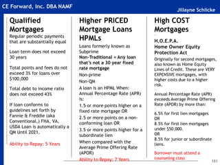 Jillayne Schlicke
CE Forward, Inc. DBA NAMF
Qualified
Mortgages
Regular periodic payments
that are substantially equal
~
Loan term does not exceed
30 years
~
Total points and fees do not
exceed 3% for loans over
$100,000
~
Total debt to income ratio
does not exceed 43%
~
If loan conforms to
guidelines set forth by
Fannie & Freddie (aka
Conventional,) FHA, VA,
USDA Loan is automatically a
QM Until 2021.
Ability to Repay: 5 Years
181
Higher PRICED
Mortgage Loans
HPMLs
Loans formerly known as
Subprime
Non-Traditional = Any loan
that’s not a 30 year fixed
rate mortgage
Non-prime
Non-QM
A loan is an HPML When:
Annual Percentage Rate (APR)
is:
1.5 or more points higher on a
fixed rate mortgage OR
2.5 or more points on a non-
conforming loan OR
3.5 or more points higher for a
subordinate lien
When compared with the
Average Prime Offering Rate
(APOR)
Ability to Repay: 7 Years
High COST
Mortgages
~
H.O.E.P.A.
Home Owner Equity
Protection Act
Originally for second mortgages,
also known as Home Equity
Lines of Credit. These are VERY
EXPENSIVE mortgages, with
higher costs due to a higher
risk.
~
Annual Percentage Rate (APR)
exceeds Average Prime Offering
Rate (APOR) by more than:
~
6.5% for first lien mortgages
OR
8.5% for first lien mortgages
under $50,000.
OR
8.5% for junior or subordinate
liens.
~
Borrower must attend a
counseling class
 