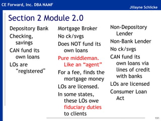 Jillayne Schlicke
CE Forward, Inc. DBA NAMF
Section 2 Module 2.0
Depository Bank
Checking,
savings
CAN fund its
own loans
LOs are
“registered”
191
Mortgage Broker
No ck/svgs
Does NOT fund its
own loans
Pure middleman.
Like an “agent”
For a fee, finds the
mortgage money
LOs are licensed.
In some states,
these LOs owe
fiduciary duties
to clients
Non-Depository
Lender
Non-Bank Lender
No ck/svgs
CAN fund its
own loans via
lines of credit
with banks
LOs are licensed
Consumer Loan
Act
 