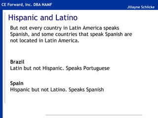 Jillayne Schlicke
CE Forward, Inc. DBA NAMF
Hispanic and Latino
But not every country in Latin America speaks
Spanish, and some countries that speak Spanish are
not located in Latin America.
Brazil
Latin but not Hispanic. Speaks Portuguese
Spain
Hispanic but not Latino. Speaks Spanish
 