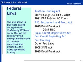 Jillayne Schlicke
CE Forward, Inc. DBA NAMF
Federal
Laws
The laws shown in
blue were passed
during the late
1960s/early 1970s and
notice that we are
currently living
through another wave
of consumer
protection laws
directed at the
mortgage lending
industry.
Truth in Lending Act
2009 Changes to TILA = MDIA
2011 FRB Rule on LO Comp
R.E. Settlement and Proc. Act
2010 Dodd Frank Act
2015 TRID
Equal Credit Opportunity Act
Fair Credit Reporting Act
Fair Housing
Other Fed Laws
2008 SAFE Act
2010 Dodd Frank Act
211
 