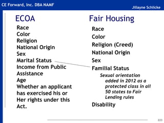 Jillayne Schlicke
CE Forward, Inc. DBA NAMF
ECOA
Race
Color
Religion
National Origin
Sex
Marital Status
Income from Public
Assistance
Age
Whether an applicant
has exercised his or
Her rights under this
Act.
223
Fair Housing
Race
Color
Religion (Creed)
National Origin
Sex
Familial Status
Sexual orientation
added in 2012 as a
protected class in all
50 states to Fair
Lending rules
Disability
 