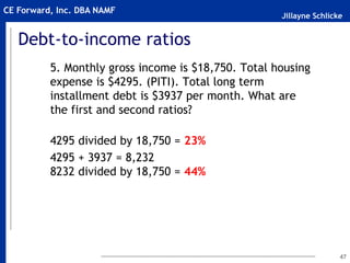 Jillayne Schlicke
CE Forward, Inc. DBA NAMF
Debt-to-income ratios
5. Monthly gross income is $18,750. Total housing
expense is $4295. (PITI). Total long term
installment debt is $3937 per month. What are
the first and second ratios?
4295 divided by 18,750 = 23%
4295 + 3937 = 8,232
8232 divided by 18,750 = 44%
47
 