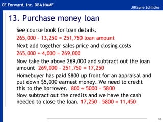 Jillayne Schlicke
CE Forward, Inc. DBA NAMF
13. Purchase money loan
See course book for loan details.
265,000 – 13,250 = 251,750 loan amount
Next add together sales price and closing costs
265,000 + 4,000 = 269,000
Now take the above 269,000 and subtract out the loan
amount 269,000 – 251,750 = 17,250
Homebuyer has paid $800 up front for an appraisal and
put down $5,000 earnest money. We need to credit
this to the borrower. 800 + 5000 = 5800
Now subtract out the credits and we have the cash
needed to close the loan. 17,250 – 5800 = 11,450
55
 