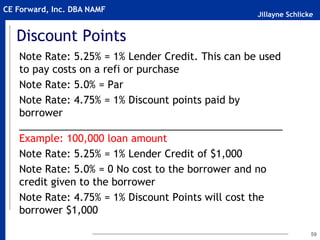 Jillayne Schlicke
CE Forward, Inc. DBA NAMF
Discount Points
Note Rate: 5.25% = 1% Lender Credit. This can be used
to pay costs on a refi or purchase
Note Rate: 5.0% = Par
Note Rate: 4.75% = 1% Discount points paid by
borrower
_______________________________________________
Example: 100,000 loan amount
Note Rate: 5.25% = 1% Lender Credit of $1,000
Note Rate: 5.0% = 0 No cost to the borrower and no
credit given to the borrower
Note Rate: 4.75% = 1% Discount Points will cost the
borrower $1,000
59
 