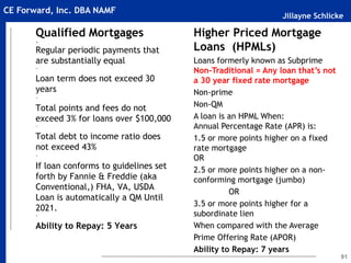 Jillayne Schlicke
CE Forward, Inc. DBA NAMF
Qualified Mortgages
~
Regular periodic payments that
are substantially equal
~
Loan term does not exceed 30
years
~
Total points and fees do not
exceed 3% for loans over $100,000
~
Total debt to income ratio does
not exceed 43%
~
If loan conforms to guidelines set
forth by Fannie & Freddie (aka
Conventional,) FHA, VA, USDA
Loan is automatically a QM Until
2021.
~
Ability to Repay: 5 Years
91
Higher Priced Mortgage
Loans (HPMLs)
Loans formerly known as Subprime
Non-Traditional = Any loan that’s not
a 30 year fixed rate mortgage
Non-prime
Non-QM
A loan is an HPML When:
Annual Percentage Rate (APR) is:
1.5 or more points higher on a fixed
rate mortgage
OR
2.5 or more points higher on a non-
conforming mortgage (jumbo)
OR
3.5 or more points higher for a
subordinate lien
When compared with the Average
Prime Offering Rate (APOR)
Ability to Repay: 7 years
 