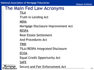 Jillayne Schlicke
National Association of Mortgage Fiduciaries
The Main Fed Law Acronyms
TILA
Truth in Lending Act
MDIA
Mortgage Disclosure Improvement Act
RESPA
Real Estate Settlement
And Procedures Act
TRID
TILA/RESPA Integrated Disclosure
ECOA
Equal Credit Opportunity Act
SAFE
Secure and Fair Enforcement Act 105
 