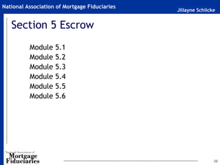Jillayne Schlicke
National Association of Mortgage Fiduciaries
30
Section 5 Escrow
Module 5.1
Module 5.2
Module 5.3
Module 5.4
Module 5.5
Module 5.6
 