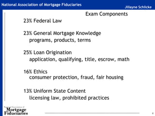 Jillayne Schlicke
National Association of Mortgage Fiduciaries
4
Exam Components
23% Federal Law
23% General Mortgage Knowledge
programs, products, terms
25% Loan Origination
application, qualifying, title, escrow, math
16% Ethics
consumer protection, fraud, fair housing
13% Uniform State Content
licensing law, prohibited practices
 