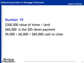 Jillayne Schlicke
National Association of Mortgage Fiduciaries
Number 19
$300,000 value of home + land
$60,000 is the 20% down payment
$9,000 + 60,000 = $69,000 cash to close
41
 