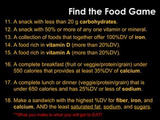 Find the Food Game
11. A snack with less than 20 g carbohydrates.
12. A snack with 50% or more of any one vitamin or mineral.
13. A collection of foods that together offer 100%DV of iron.
14. A food rich in vitamin D (more than 20%DV).
15. A food rich in vitamin A (more than 20%DV).
16. A complete breakfast (fruit or veggie/protein/grain) under
550 calories that provides at least 35%DV of calcium.
17. A complete lunch or dinner (veggie/protein/grain) that is
under 650 calories and has 25%DV or less of sodium.
18. Make a sandwich with the highest %DV for fiber, iron, and
calcium, AND the least saturated fat, sodium, and sugars.
**What you make is what you will get to EAT!
 