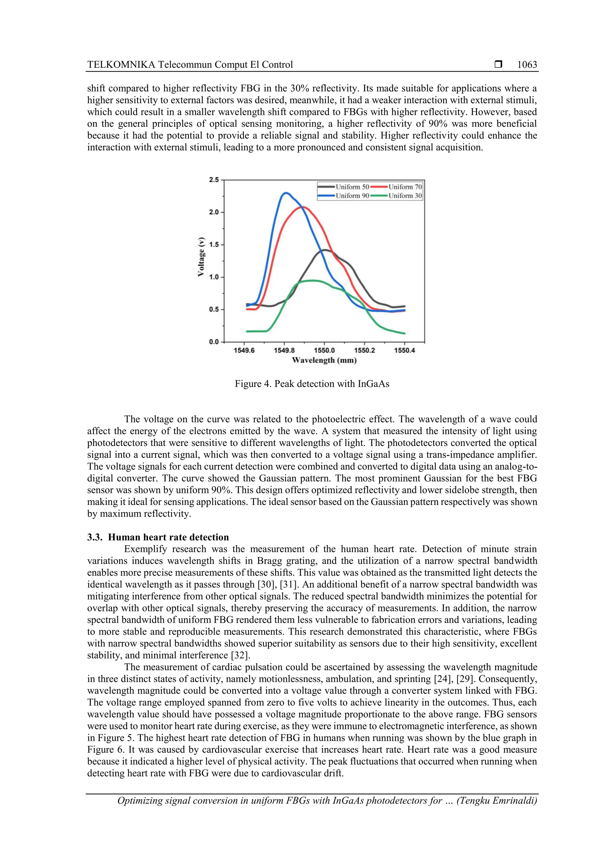 TELKOMNIKA Telecommun Comput El Control 
Optimizing signal conversion in uniform FBGs with InGaAs photodetectors for … (Tengku Emrinaldi)
1063
shift compared to higher reflectivity FBG in the 30% reflectivity. Its made suitable for applications where a
higher sensitivity to external factors was desired, meanwhile, it had a weaker interaction with external stimuli,
which could result in a smaller wavelength shift compared to FBGs with higher reflectivity. However, based
on the general principles of optical sensing monitoring, a higher reflectivity of 90% was more beneficial
because it had the potential to provide a reliable signal and stability. Higher reflectivity could enhance the
interaction with external stimuli, leading to a more pronounced and consistent signal acquisition.
Figure 4. Peak detection with InGaAs
The voltage on the curve was related to the photoelectric effect. The wavelength of a wave could
affect the energy of the electrons emitted by the wave. A system that measured the intensity of light using
photodetectors that were sensitive to different wavelengths of light. The photodetectors converted the optical
signal into a current signal, which was then converted to a voltage signal using a trans-impedance amplifier.
The voltage signals for each current detection were combined and converted to digital data using an analog-to-
digital converter. The curve showed the Gaussian pattern. The most prominent Gaussian for the best FBG
sensor was shown by uniform 90%. This design offers optimized reflectivity and lower sidelobe strength, then
making it ideal for sensing applications. The ideal sensor based on the Gaussian pattern respectively was shown
by maximum reflectivity.
3.3. Human heart rate detection
Exemplify research was the measurement of the human heart rate. Detection of minute strain
variations induces wavelength shifts in Bragg grating, and the utilization of a narrow spectral bandwidth
enables more precise measurements of these shifts. This value was obtained as the transmitted light detects the
identical wavelength as it passes through [30], [31]. An additional benefit of a narrow spectral bandwidth was
mitigating interference from other optical signals. The reduced spectral bandwidth minimizes the potential for
overlap with other optical signals, thereby preserving the accuracy of measurements. In addition, the narrow
spectral bandwidth of uniform FBG rendered them less vulnerable to fabrication errors and variations, leading
to more stable and reproducible measurements. This research demonstrated this characteristic, where FBGs
with narrow spectral bandwidths showed superior suitability as sensors due to their high sensitivity, excellent
stability, and minimal interference [32].
The measurement of cardiac pulsation could be ascertained by assessing the wavelength magnitude
in three distinct states of activity, namely motionlessness, ambulation, and sprinting [24], [29]. Consequently,
wavelength magnitude could be converted into a voltage value through a converter system linked with FBG.
The voltage range employed spanned from zero to five volts to achieve linearity in the outcomes. Thus, each
wavelength value should have possessed a voltage magnitude proportionate to the above range. FBG sensors
were used to monitor heart rate during exercise, as they were immune to electromagnetic interference, as shown
in Figure 5. The highest heart rate detection of FBG in humans when running was shown by the blue graph in
Figure 6. It was caused by cardiovascular exercise that increases heart rate. Heart rate was a good measure
because it indicated a higher level of physical activity. The peak fluctuations that occurred when running when
detecting heart rate with FBG were due to cardiovascular drift.
 
