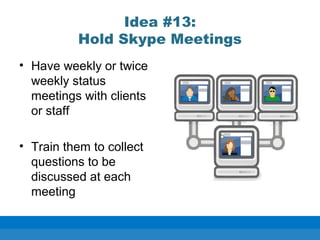 Idea #13:
Hold Skype Meetings
• Have weekly or twice
weekly status
meetings with clients
or staff
• Train them to collect
questions to be
discussed at each
meeting
 