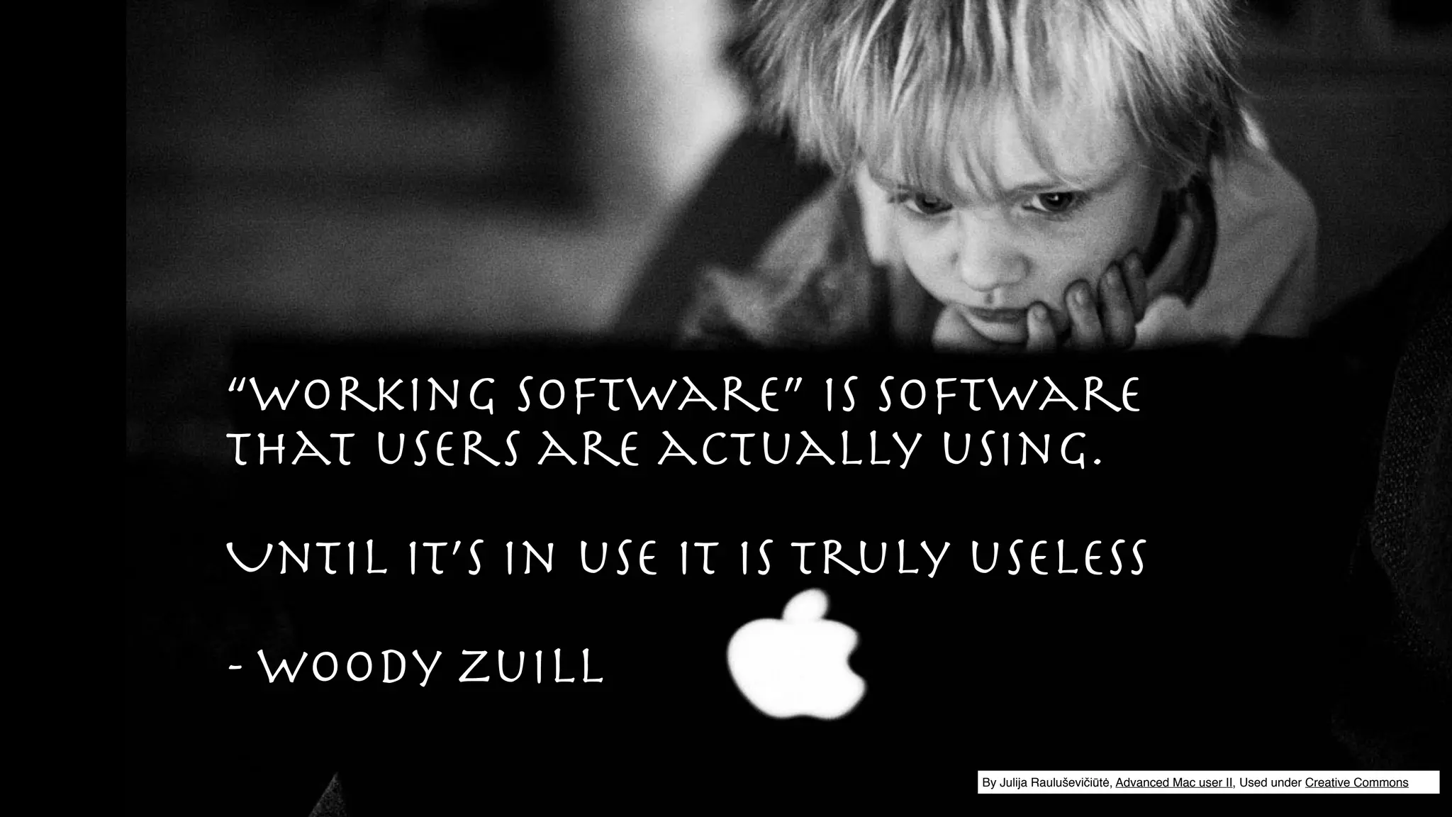 By Julija Rauluševičiūtė, Advanced Mac user II, Used under Creative Commons
“Working Software” is software
that users are actually using. 

Until it’s in use it is truly useless 

- Woody zuill
 
