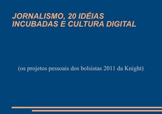 JORNALISMO, 20 IDÉIAS
INCUBADAS E CULTURA DIGITAL




 (os projetos pessoais dos bolsistas 2011 da Knight)
 