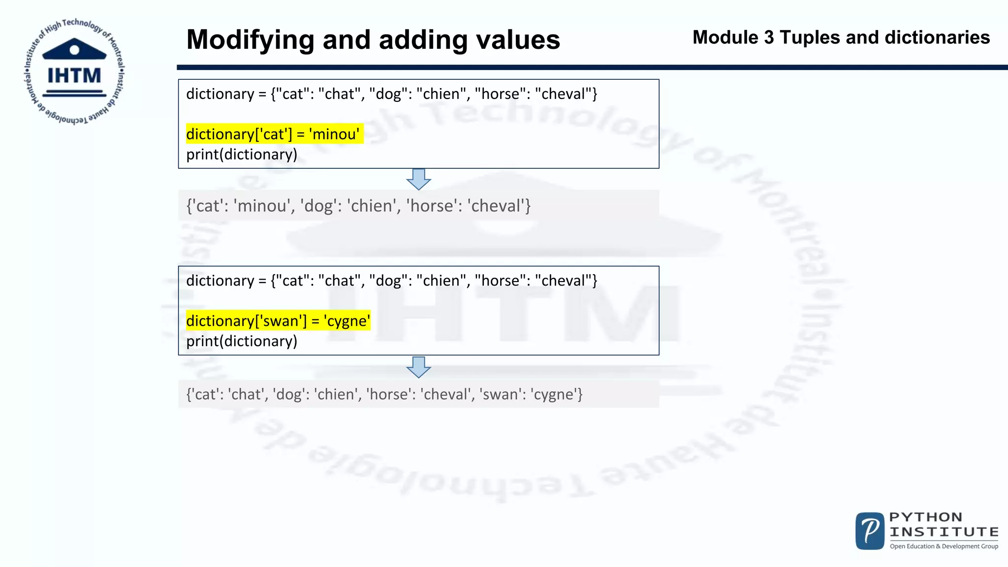 Module 3 Tuples and dictionaries
Modifying and adding values
dictionary = {"cat": "chat", "dog": "chien", "horse": "cheval"}
dictionary['cat'] = 'minou'
print(dictionary)
{'cat': 'minou', 'dog': 'chien', 'horse': 'cheval'}
dictionary = {"cat": "chat", "dog": "chien", "horse": "cheval"}
dictionary['swan'] = 'cygne'
print(dictionary)
{'cat': 'chat', 'dog': 'chien', 'horse': 'cheval', 'swan': 'cygne'}
 