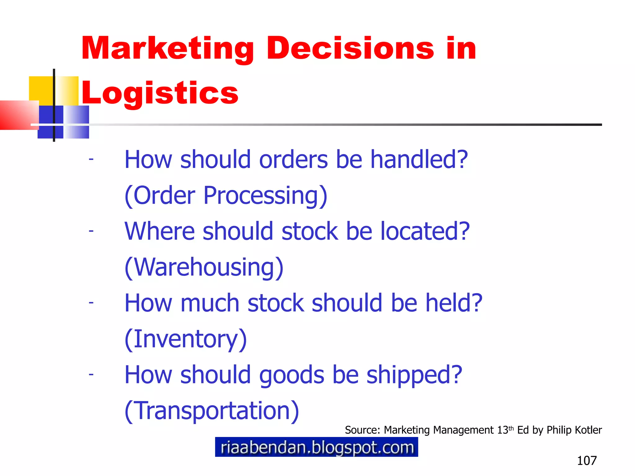 Marketing Decisions in Logistics How should orders be handled? (Order Processing) Where should stock be located? (Warehousing) How much stock should be held? (Inventory) How should goods be shipped? (Transportation) Source: Marketing Management 13 th  Ed by Philip Kotler 