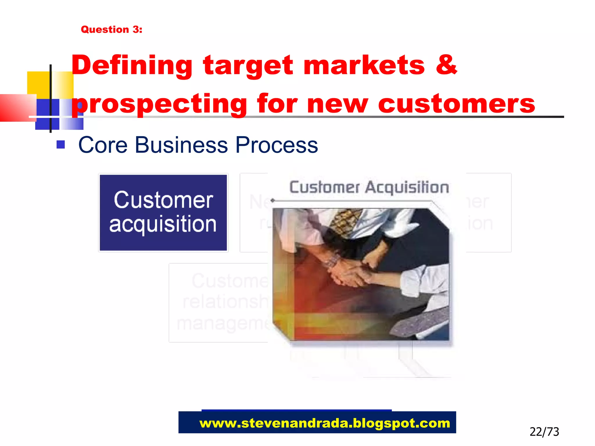 Defining target markets & prospecting for new customers Core Business Process 22/73 www.stevenandrada.blogspot.com Question 3: 