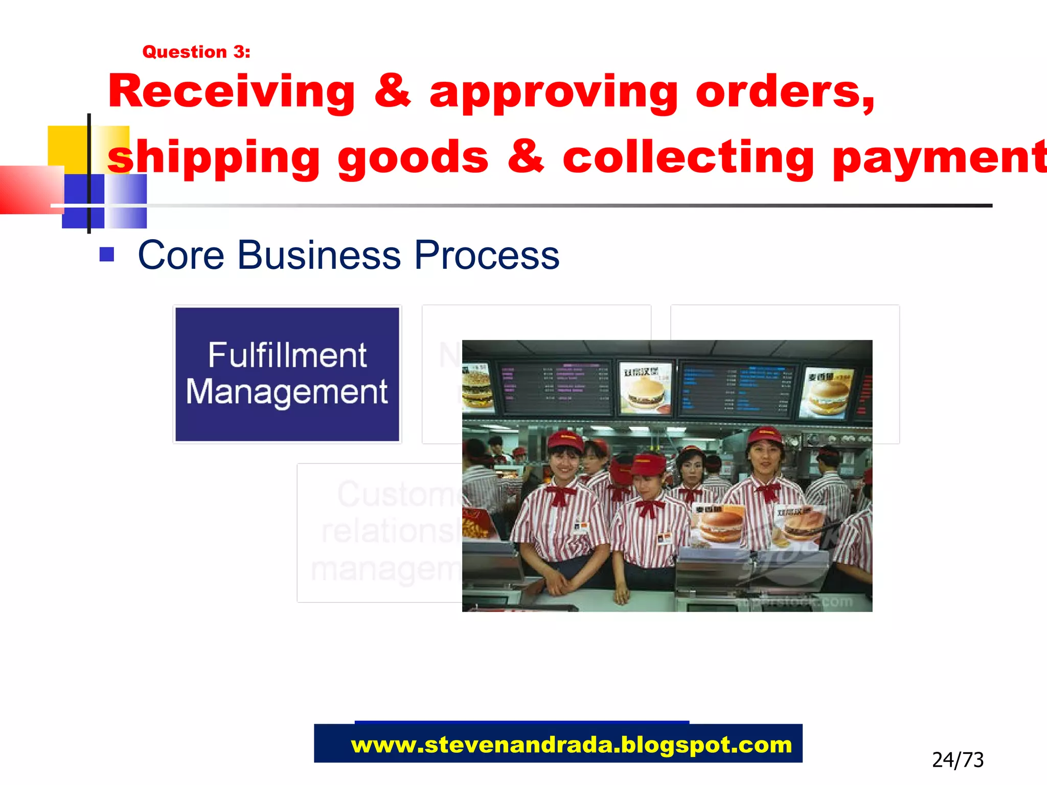 Receiving & approving orders, shipping goods & collecting payment Core Business Process 24/73 www.stevenandrada.blogspot.com Question 3: 