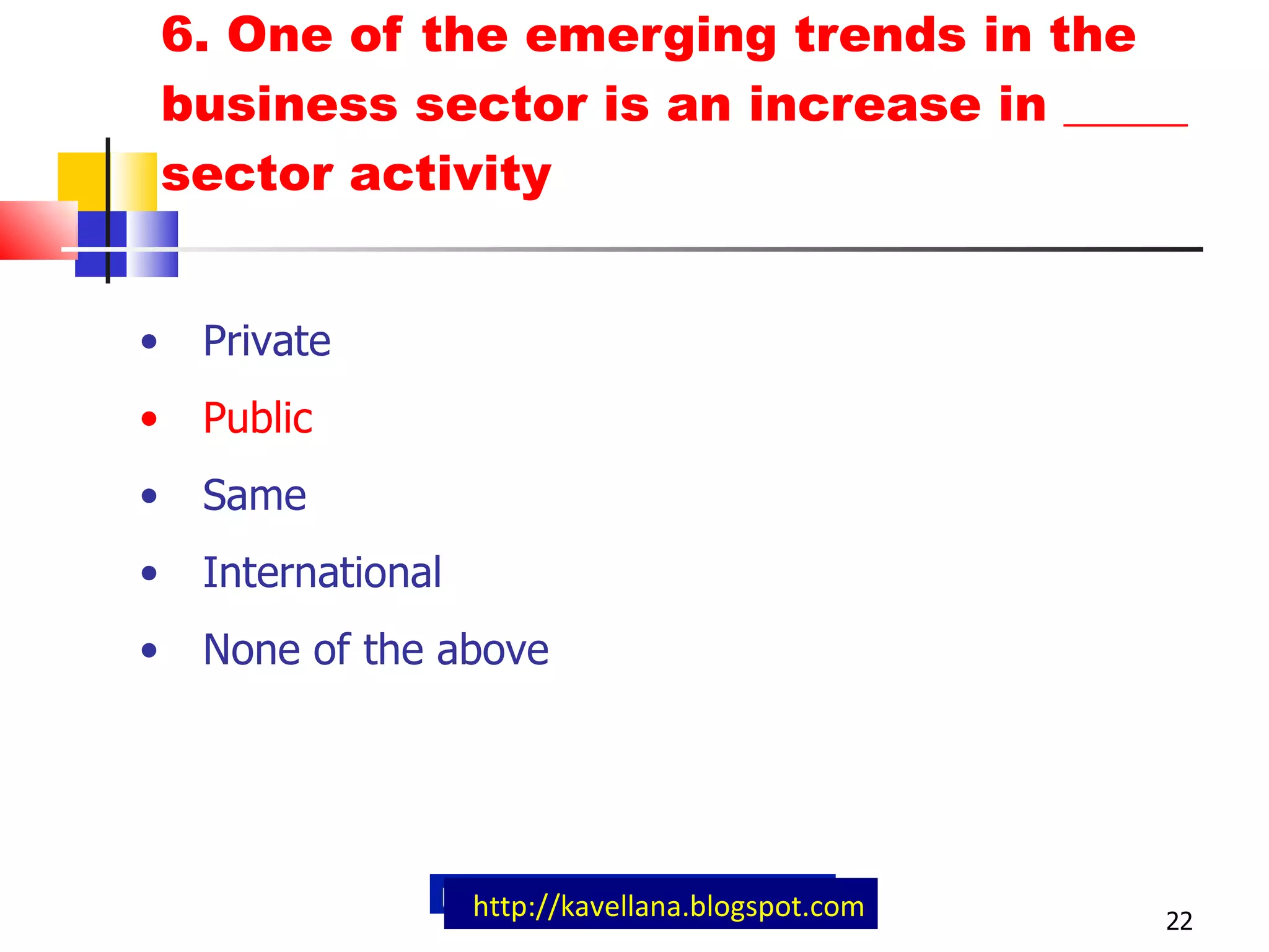 6. One of the emerging trends in the business sector is an increase in _____ sector activity  http://kavellana.blogspot.com Private Public Same International None of the above 