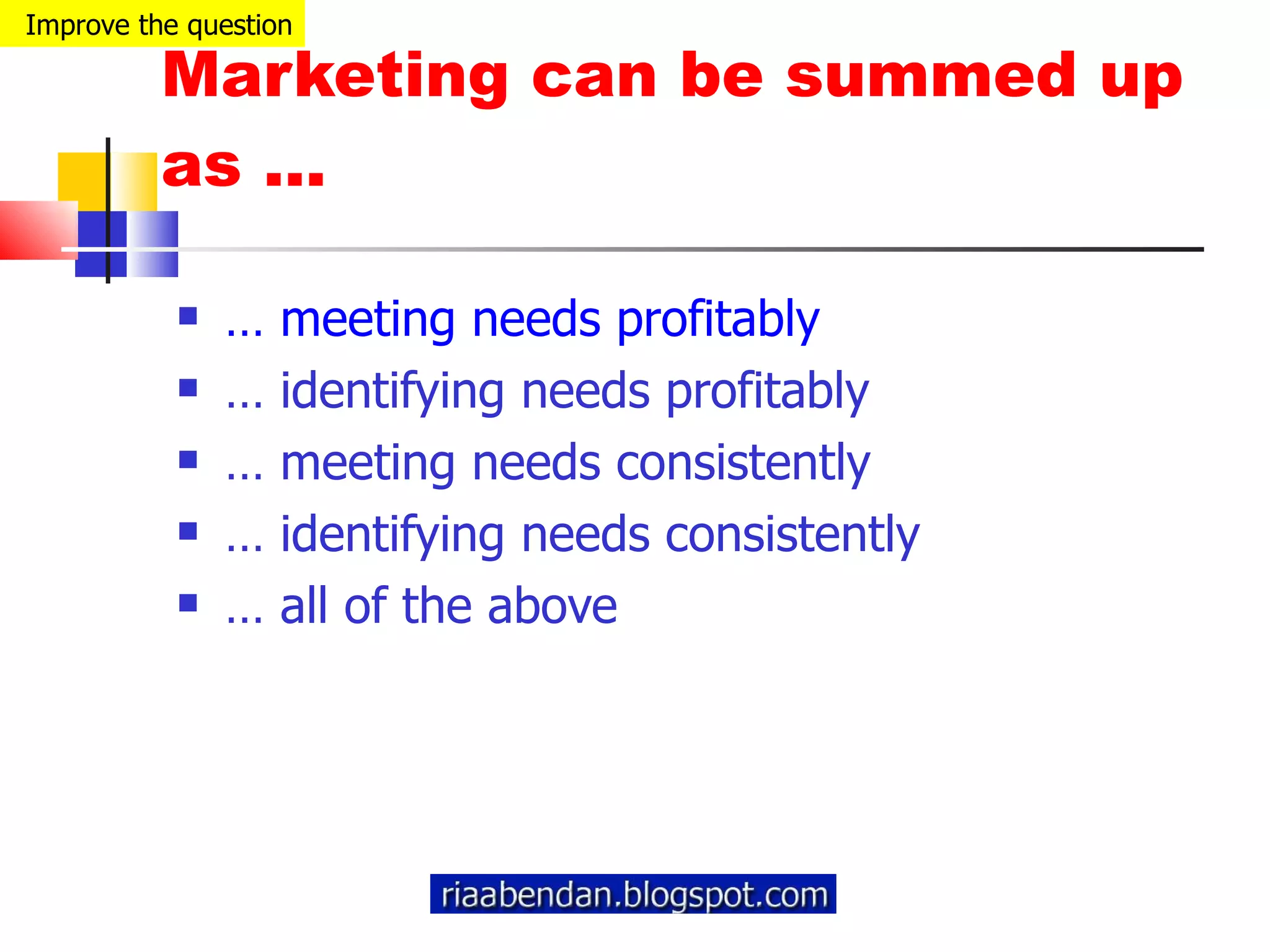 Marketing can be summed up as ... …  meeting needs profitably …  identifying needs profitably …  meeting needs consistently …  identifying needs consistently …  all of the above Improve the question 