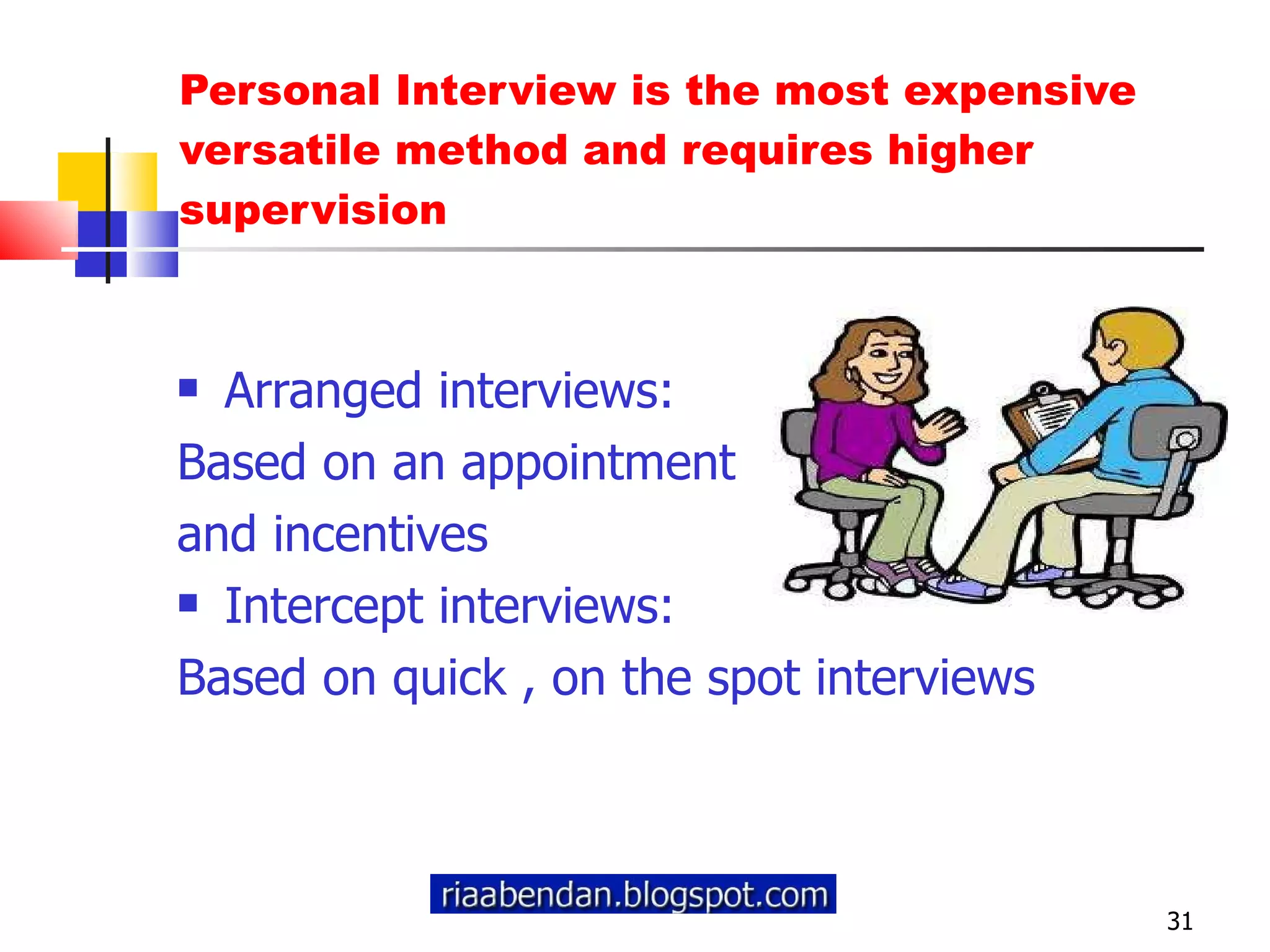 Personal Interview is the most expensive versatile method and requires higher supervision Arranged interviews: Based on an appointment  and incentives Intercept interviews: Based on quick , on the spot interviews 