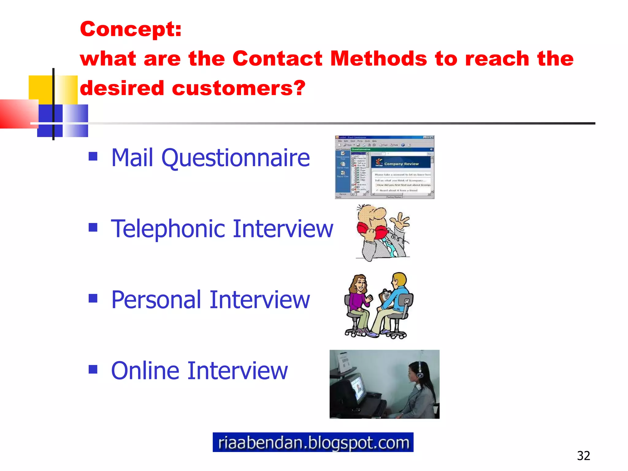 Concept: what are the Contact Methods to reach the desired customers? Mail Questionnaire Telephonic Interview Personal Interview Online Interview 