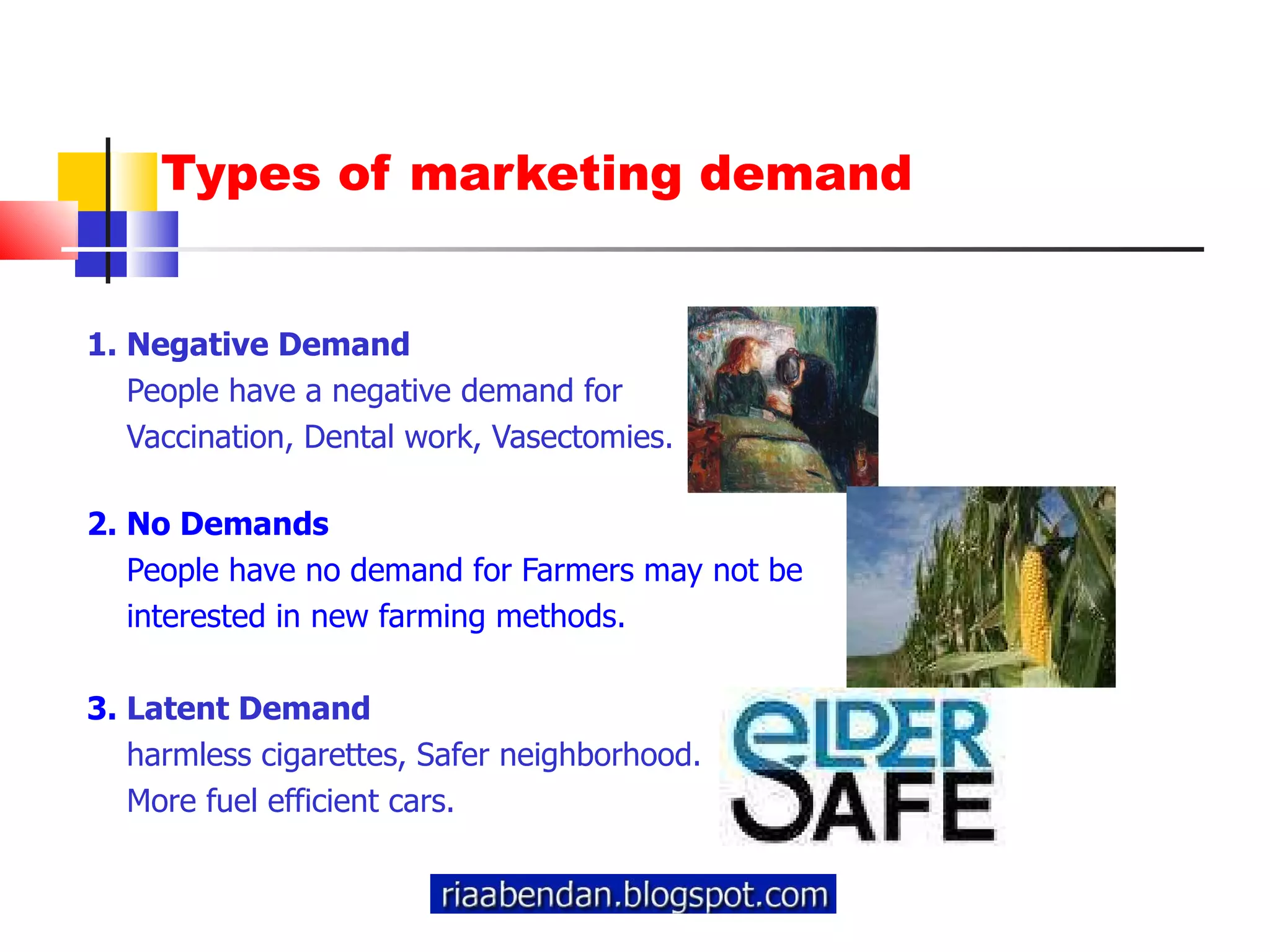 Types of marketing demand  1. Negative Demand People have a negative demand for  Vaccination, Dental work, Vasectomies. 2. No Demands People have no demand for Farmers may not be  interested in new farming methods. 3.  Latent Demand harmless cigarettes, Safer neighborhood.  More fuel efficient cars.  